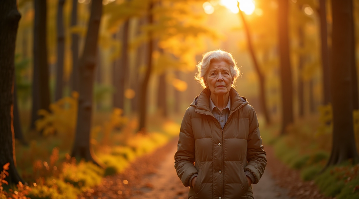 apmeklētāja sieviete apzinīgi staigā meža vidū rudens sezonā, saules gaisma caur kokiem